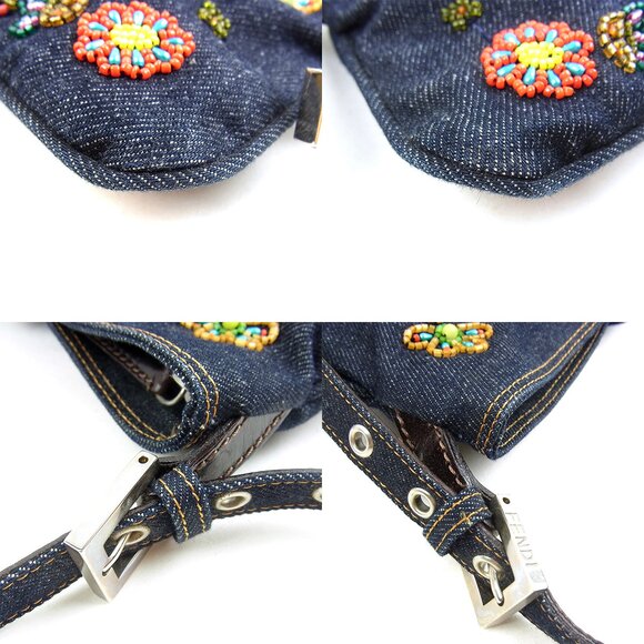Authentic FENDI Mamma Denim Mini Baguette Floral Beaded Shoulder Bag Purse FF - Picture 4 of 7